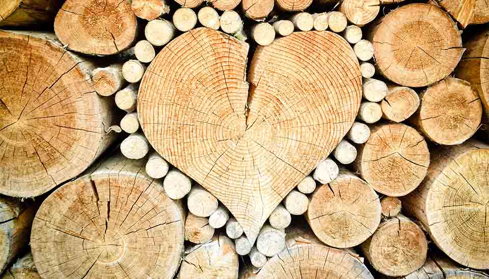 Stapel Holz mit Herzmotiv